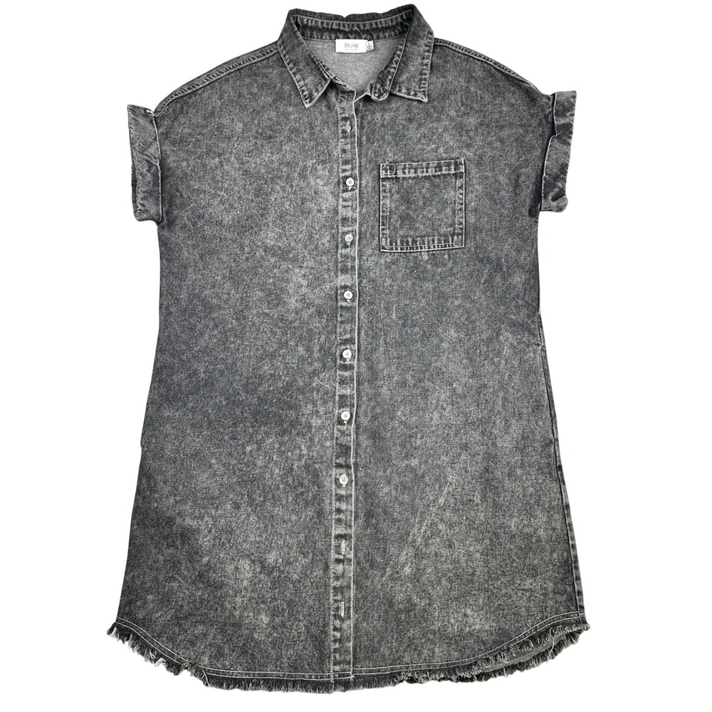 Bluivy Womens Acid Wash Denim Shirt Dress Black Grey Frayed Hem Size Large